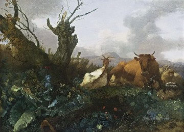 Willem Pintura - Willem Romeijn vaca cabras y ovejas en una pradera
